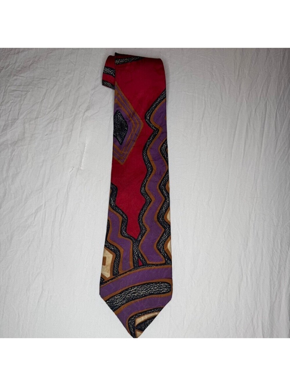 Vintage Mario Valentino 100% Italian Silk Neck Tie Made USA Geometric Red Purple